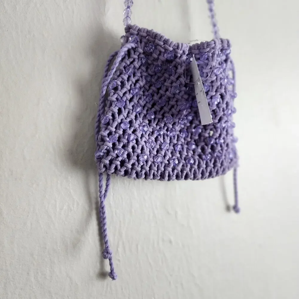 J.Crew Purple Knitted Crochet Pouch Bag Beaded Strap Drawstring - New BY236